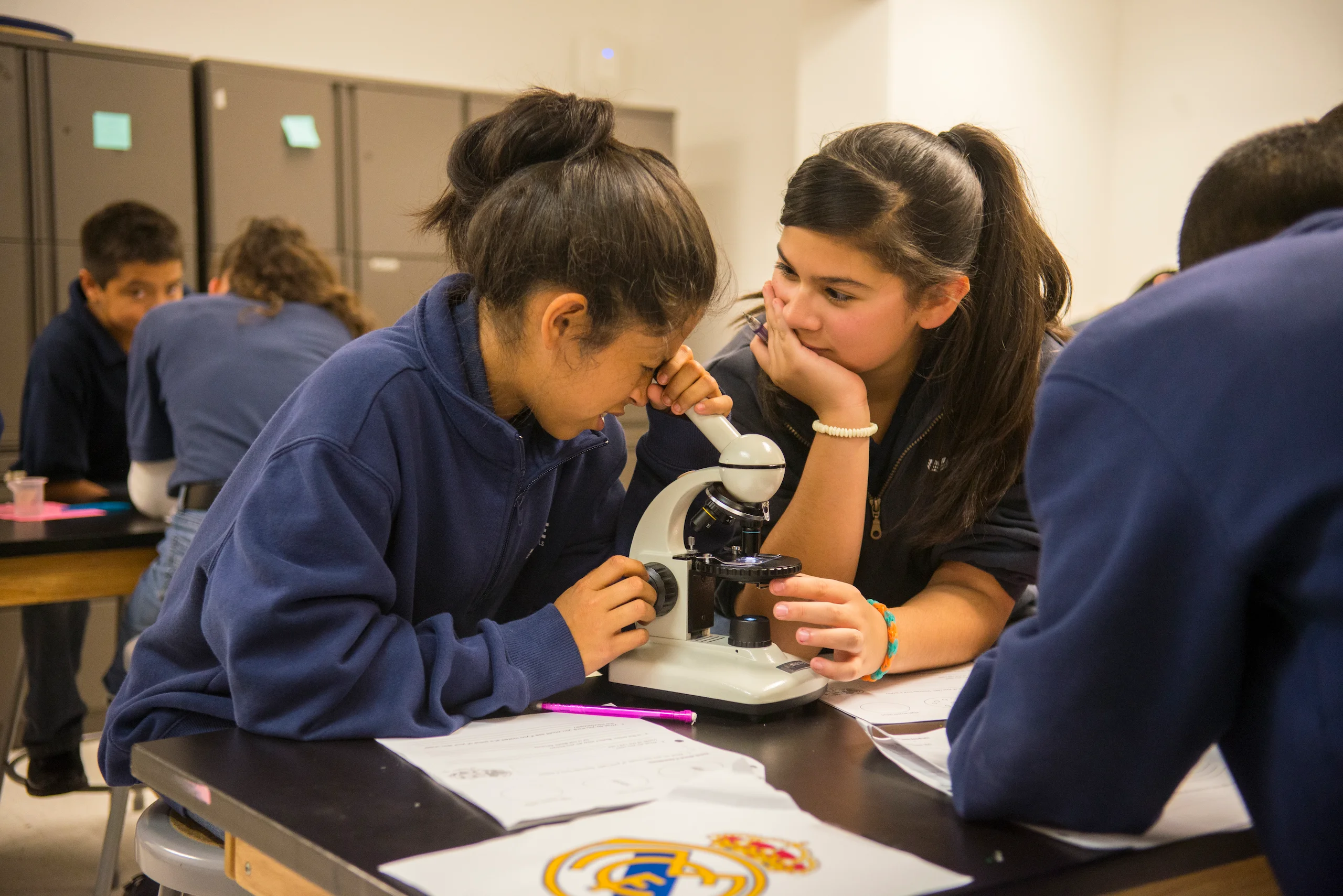 Students with the microscope
